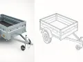 Revisione carrello rimorchio: un rimorchio metallico a due dimensioni, una foto e un disegno tecnico, pronto per il trasporto.