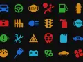 Icone colorate per spie auto: batteria, volante, ESP, airbag, benzina, luci, cambio, ABS, freno, manutenzione, motore, liquido, ecc.