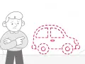 Uomo preoccupato indica un'auto tratteggiata, simbolo di quando viene sospesa la patente.