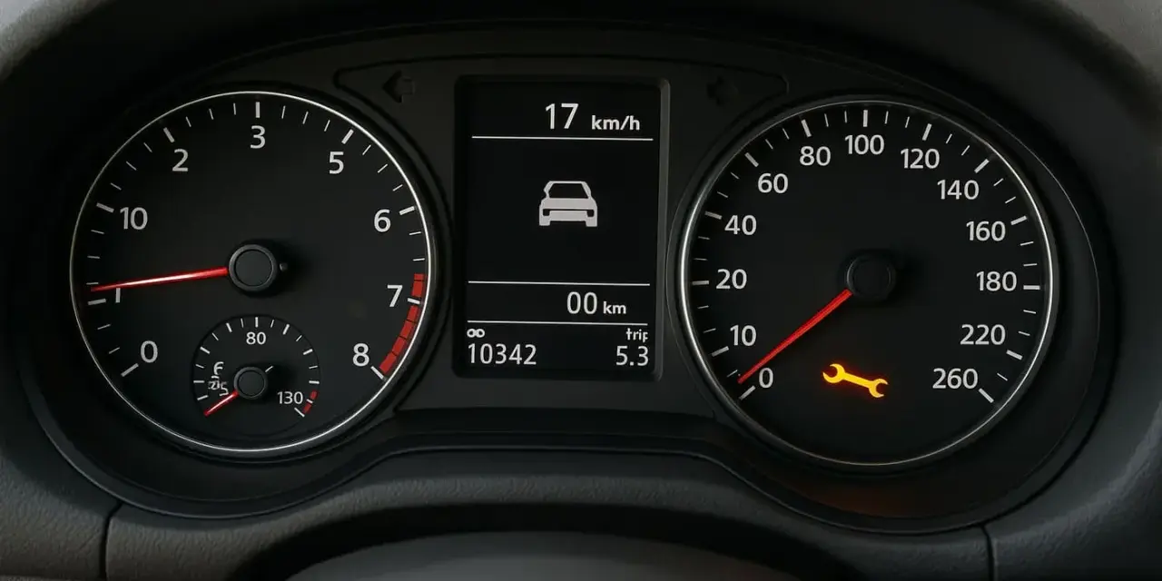 Cruscotto auto con spia chiave inglese accesa, indicando un problema meccanico. Velocità 17 km/h, chilometraggio 10342.