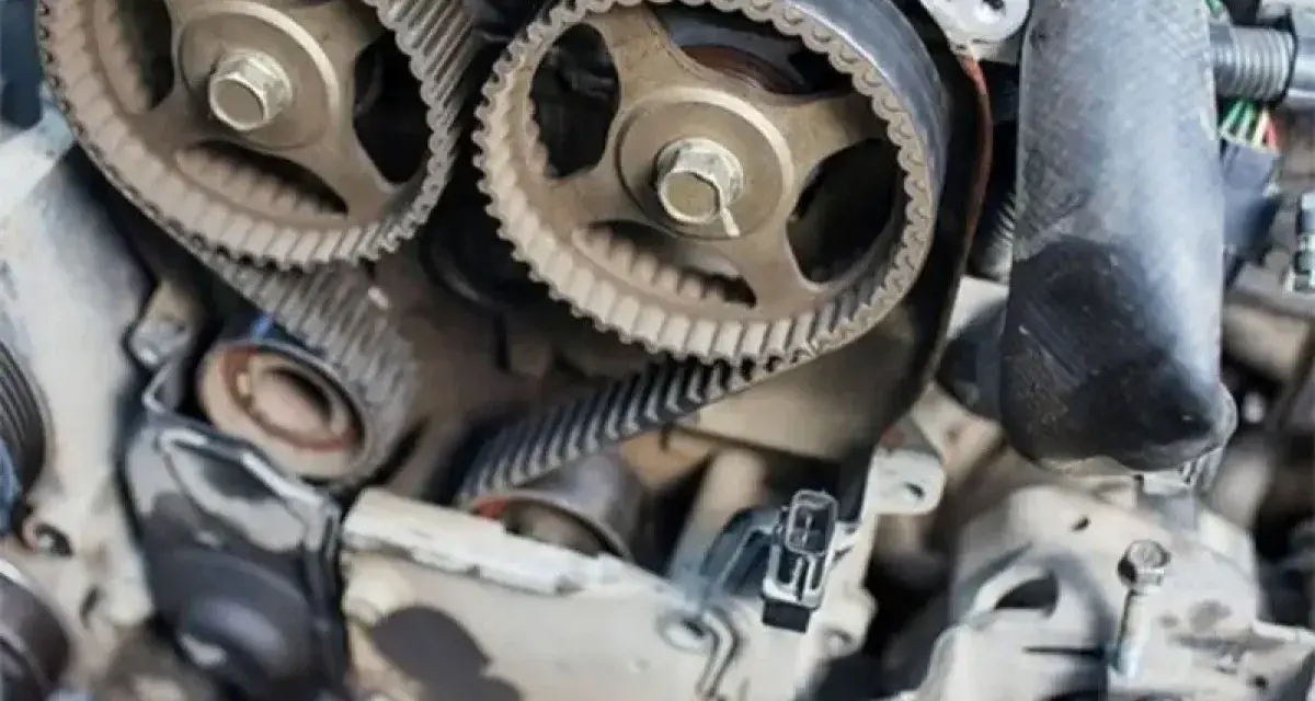 Dettaglio del motore auto: la cinghia di distribuzione, fondamentale per la sincronizzazione delle valvole.