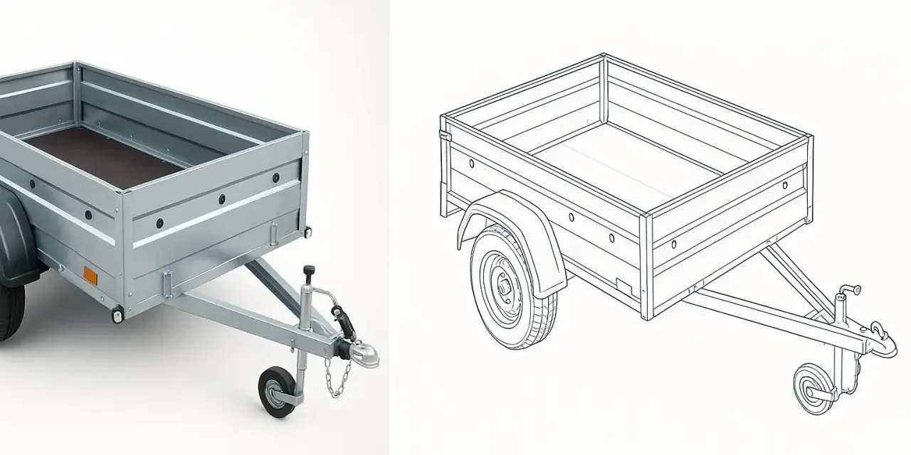 Revisione carrello rimorchio: un rimorchio metallico a due dimensioni, una foto e un disegno tecnico, pronto per il trasporto.