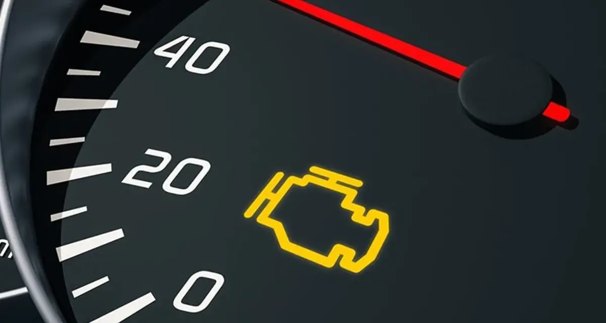 Cruscotto auto con spia olio arancione accesa. L'indicatore del motore è illuminato, segnalando un problema.