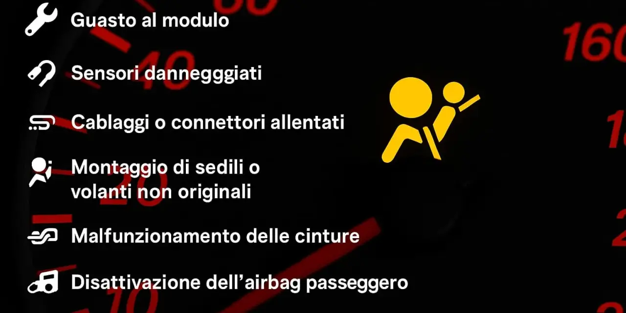 Spia airbag accesa: guasto modulo, sensori, cablaggi, sedili/volanti non originali, cinture, disattivazione passeggero o urti.