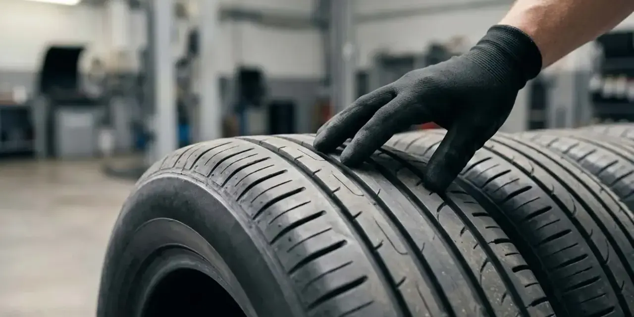 Mano guantata esamina il battistrada di pneumatici, evidenziando la differenza gomme estive e invernali per la sicurezza stradale.