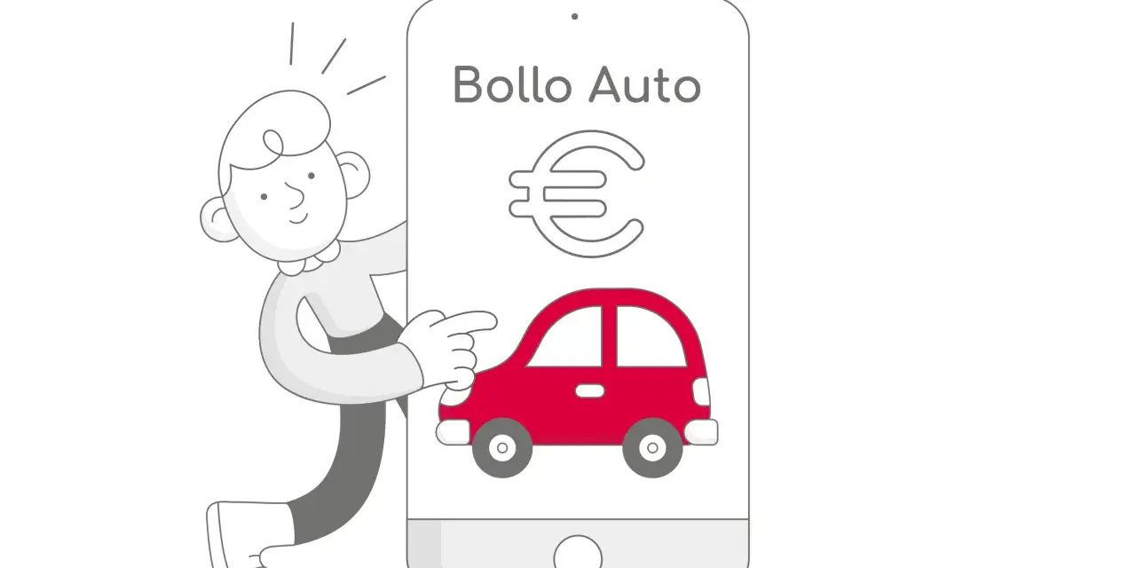 Un personaggio indica un'app su smartphone con un'auto rossa e il simbolo dell'euro, per gestire la decorrenza bollo auto.
