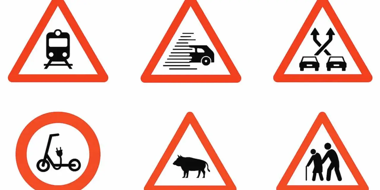 Cartelli stradali: divieto di transito per treni, auto veloci, incrocio, monopattini elettrici, animali (cinghiali) e pedoni anziani.