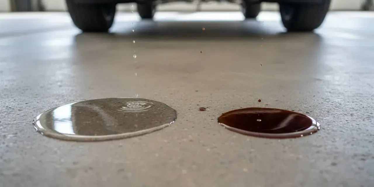 Gocce d'acqua e liquido scuro cadono da un'auto parcheggiata, indicando una possibile perdita d'acqua a motore spento.