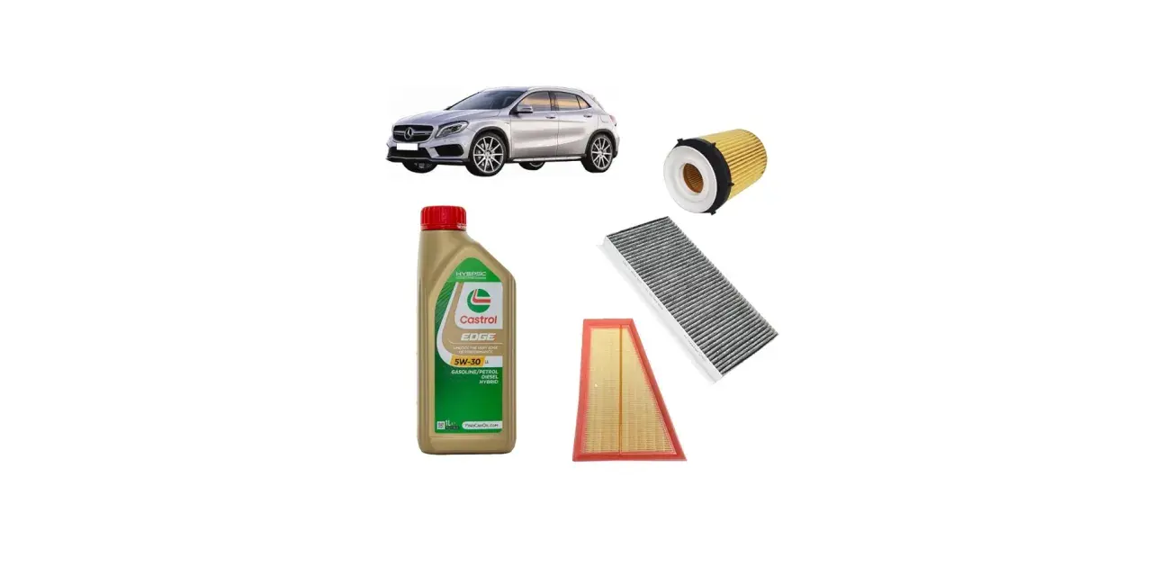 Kit manutenzione Mercedes GLA: olio Castrol, filtro olio, filtro aria e abitacolo. Scopri il tagliando Mercedes GLA costo.