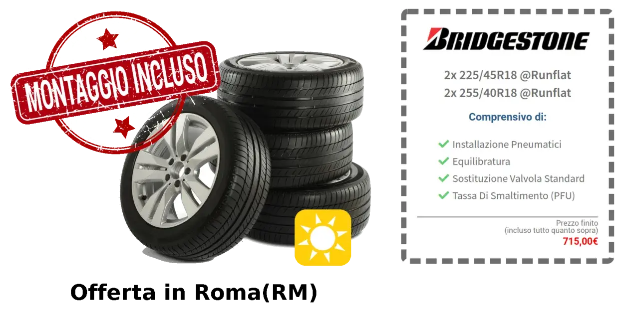 Offerta pneumatici Bridgestone con montaggio incluso. Le gomme presentano un leggero consumo ai lati, ma sono perfette per la tua auto.