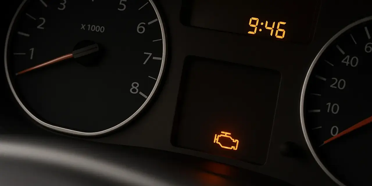 Cruscotto auto con tachimetro, orologio digitale e icona accesa del motore spia iniezione.