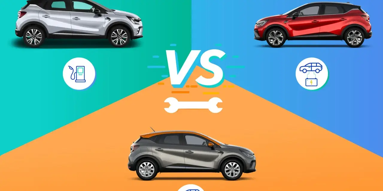 Confronto tra modelli di Renault Captur: uno a benzina, uno elettrico e uno ibrido.
