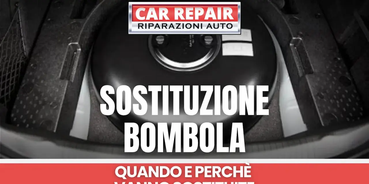 Il bagagliaio di un'auto con una bombola del metano. Il testo indica "Sostituzione bombola" e "Car Repair". Scopri il sostituzione bombole metano costo.