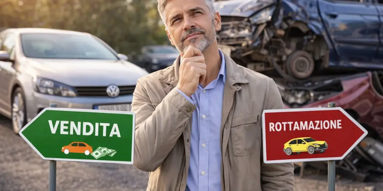 Uomo pensieroso davanti a cartelli "Vendita" e "Rottamazione". Forse valuta la rottamazione Euro 5 per un'auto nuova.