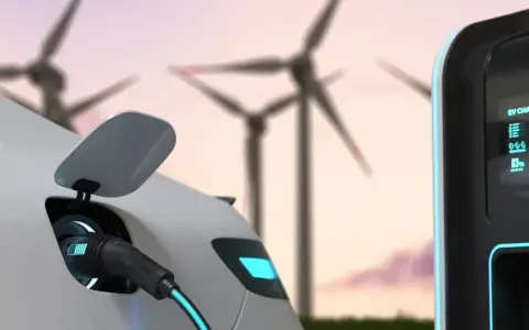 Auto elettrica in carica con turbine eoliche sullo sfondo. Un futuro sostenibile con il sogei bonus auto elettriche.