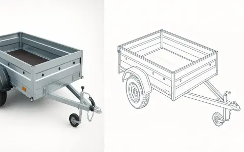 Revisione carrello rimorchio: un rimorchio metallico a due dimensioni, una foto e un disegno tecnico, pronto per il trasporto.