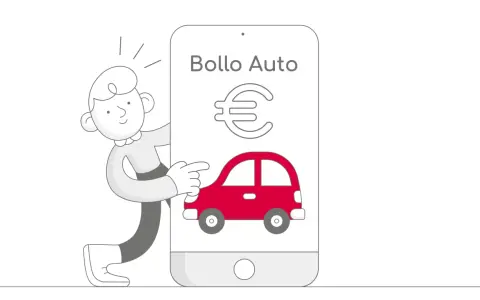 Un personaggio indica un'app su smartphone con un'auto rossa e il simbolo dell'euro, per gestire la decorrenza bollo auto.