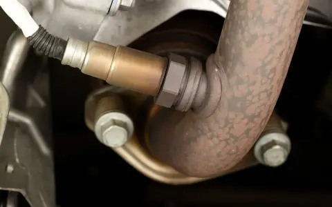 Sonda lambda spia, parte di un sistema di scarico arrugginito.
