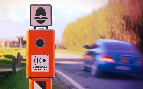 Autovelox arancione sul ciglio della strada, pronto a multare chi sfora la velocità. Un'auto blu sfreccia via, ignara.