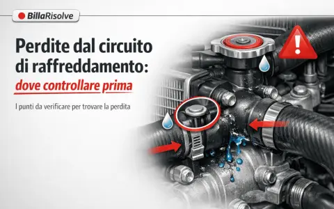 Circuito raffreddamento auto: perdite visibili con gocce blu. Il livello liquido radiatore sale e scende, indicando un problema.