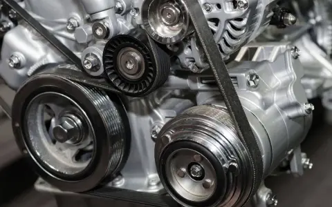 Dettaglio di un motore con cinghia a bagno d'olio, che mostra pulegge e componenti. Alcuni motori moderni utilizzano questo sistema.