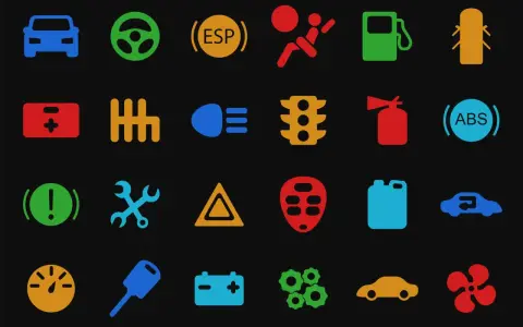Icone colorate per spie auto: batteria, volante, ESP, airbag, benzina, luci, cambio, ABS, freno, manutenzione, motore, liquido, ecc.