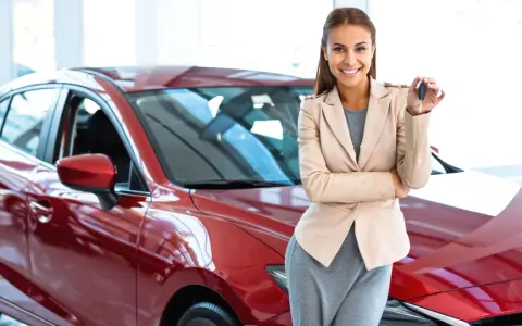Donna sorridente con le chiavi in mano, accanto a una nuova auto rossa, pronta per il rodaggio.