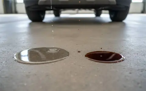 Gocce d'acqua e liquido scuro cadono da un'auto parcheggiata, indicando una possibile perdita d'acqua a motore spento.