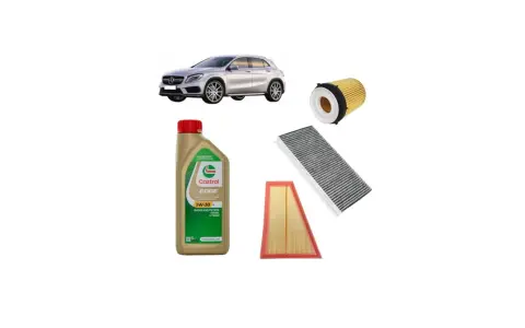 Kit manutenzione Mercedes GLA: olio Castrol, filtro olio, filtro aria e abitacolo. Scopri il tagliando Mercedes GLA costo.