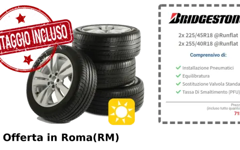 Offerta pneumatici Bridgestone con montaggio incluso. Le gomme presentano un leggero consumo ai lati, ma sono perfette per la tua auto.