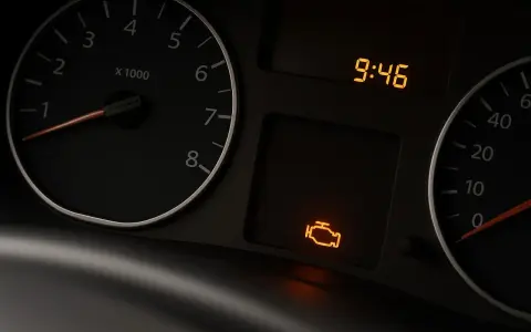 Cruscotto auto con tachimetro, orologio digitale e icona accesa del motore spia iniezione.