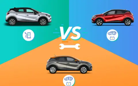 Confronto tra modelli di Renault Captur: uno a benzina, uno elettrico e uno ibrido.