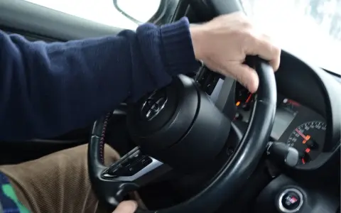 Mani sul volante, un promemoria su come guidare sulla neve: lentezza e dolcezza per affrontare le strade scivolose.