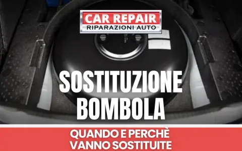 Il bagagliaio di un'auto con una bombola del metano. Il testo indica "Sostituzione bombola" e "Car Repair". Scopri il sostituzione bombole metano costo.