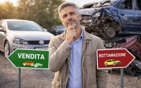 Uomo pensieroso davanti a cartelli "Vendita" e "Rottamazione". Forse valuta la rottamazione Euro 5 per un'auto nuova.