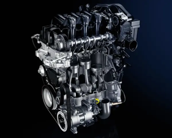 Sezione di un motore auto moderno, con pistoni, albero motore e distribuzione visibili.
