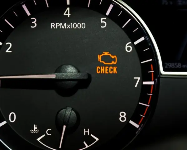 Cruscotto auto con tachimetro e spia gialla motore accesa. Indica un problema da controllare.