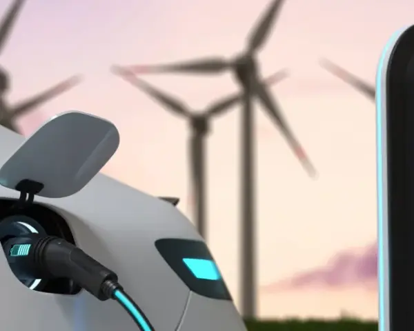 Auto elettrica in carica con turbine eoliche sullo sfondo. Un futuro sostenibile con il sogei bonus auto elettriche.