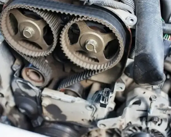 Dettaglio del motore auto: la cinghia di distribuzione, fondamentale per la sincronizzazione delle valvole.