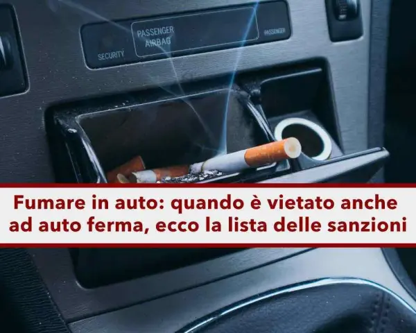 Sigaretta accesa nel posacenere dell'auto, con fumo che sale. Si può fumare in macchina? La legge dice che ci sono divieti.