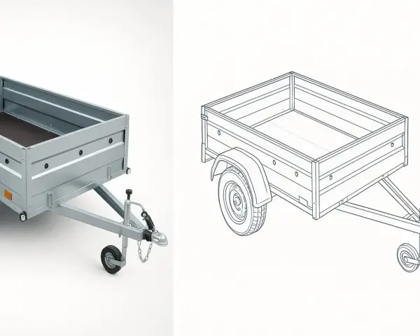 Revisione carrello rimorchio: un rimorchio metallico a due dimensioni, una foto e un disegno tecnico, pronto per il trasporto.
