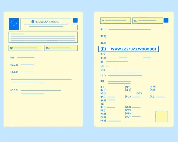 Documento con campi da compilare, tra cui il **codice VIN** del libretto: WVWZZZ1J7XW000001.
