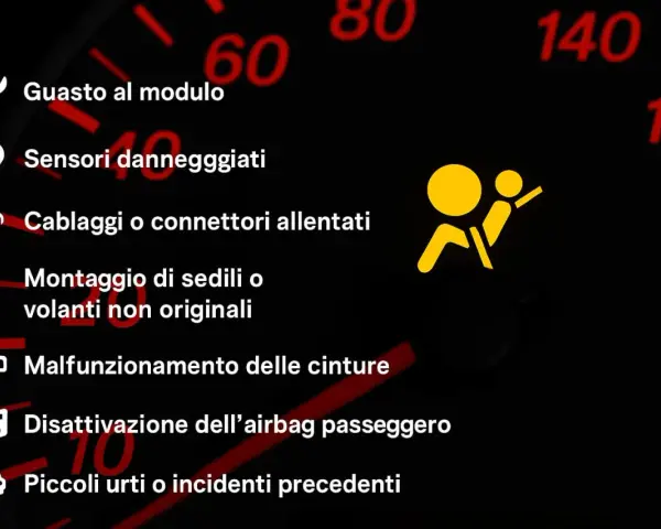 Spia airbag accesa: guasto modulo, sensori, cablaggi, sedili/volanti non originali, cinture, disattivazione passeggero o urti.