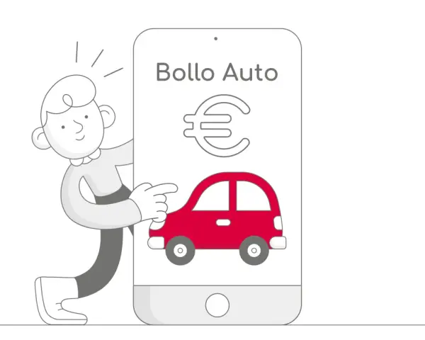 Un personaggio indica un'app su smartphone con un'auto rossa e il simbolo dell'euro, per gestire la decorrenza bollo auto.