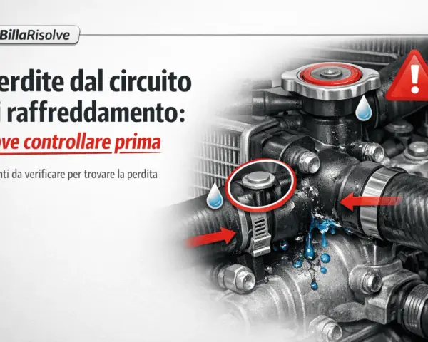 Circuito raffreddamento auto: perdite visibili con gocce blu. Il livello liquido radiatore sale e scende, indicando un problema.