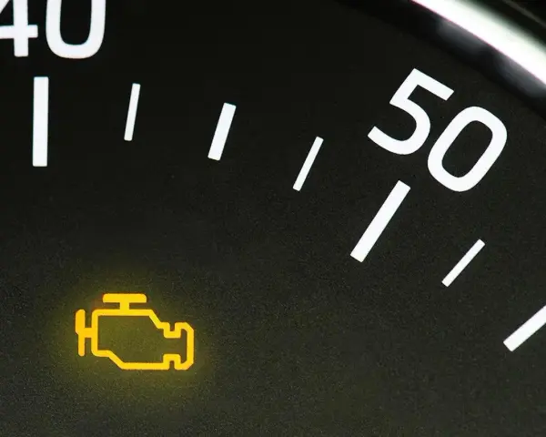 Spia avaria motore accesa: cosa fare? Il cruscotto mostra la spia gialla del motore e il tachimetro.