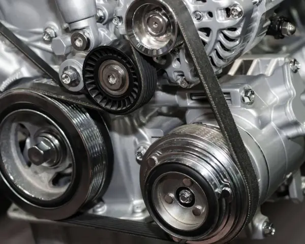 Dettaglio di un motore con cinghia a bagno d'olio, che mostra pulegge e componenti. Alcuni motori moderni utilizzano questo sistema.