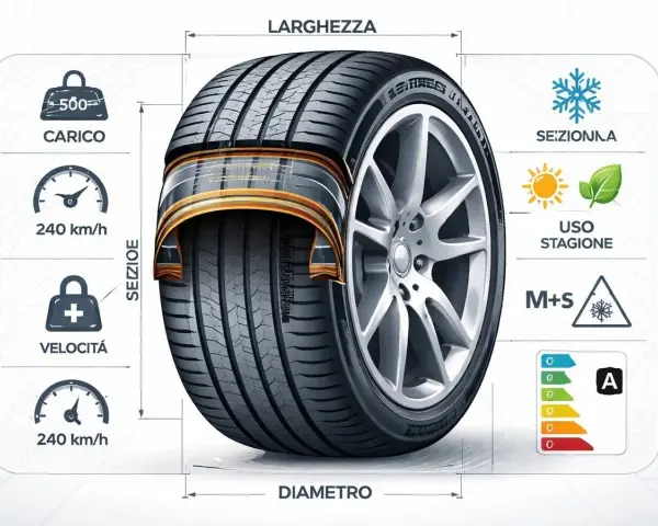 Illustrazione di uno pneumatico con indicazioni su larghezza, sezione, carico, velocità e diametro pneumatici.