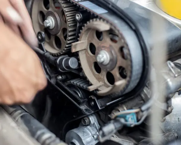 Mano che lavora sul motore, ingranaggi e cinghia di distribuzione. Scopri quanto costa cambiare la cinghia di distribuzione per la tua auto.