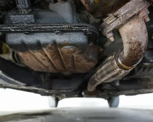 Sotto un'auto, si nota una **perdita olio motore dalla testata**, con accumuli scuri e gocciolamenti sul carter e sul tubo di scarico.